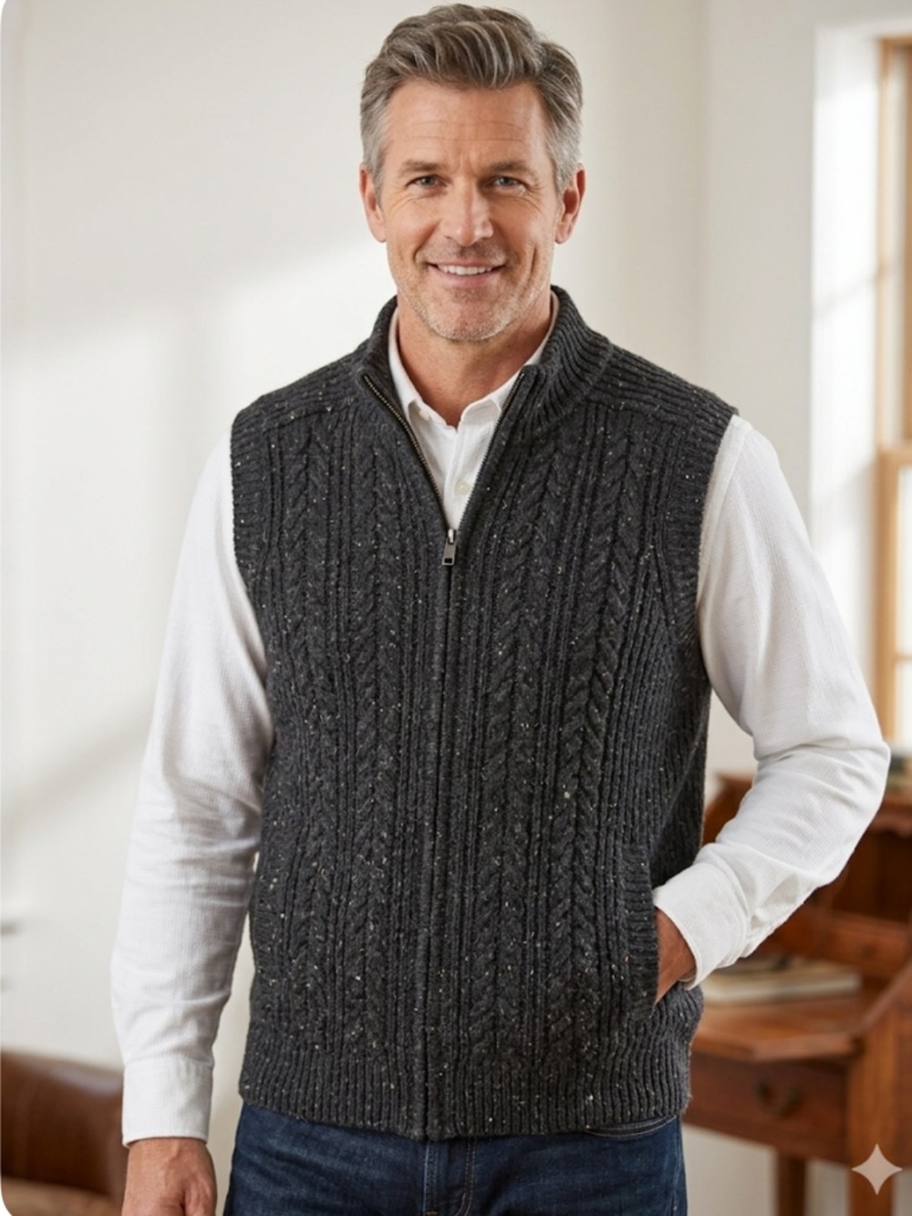 Orvis Men’s XL Wool Cashmere Full Zip Cable Knit Sweater Vest Donegal Gray